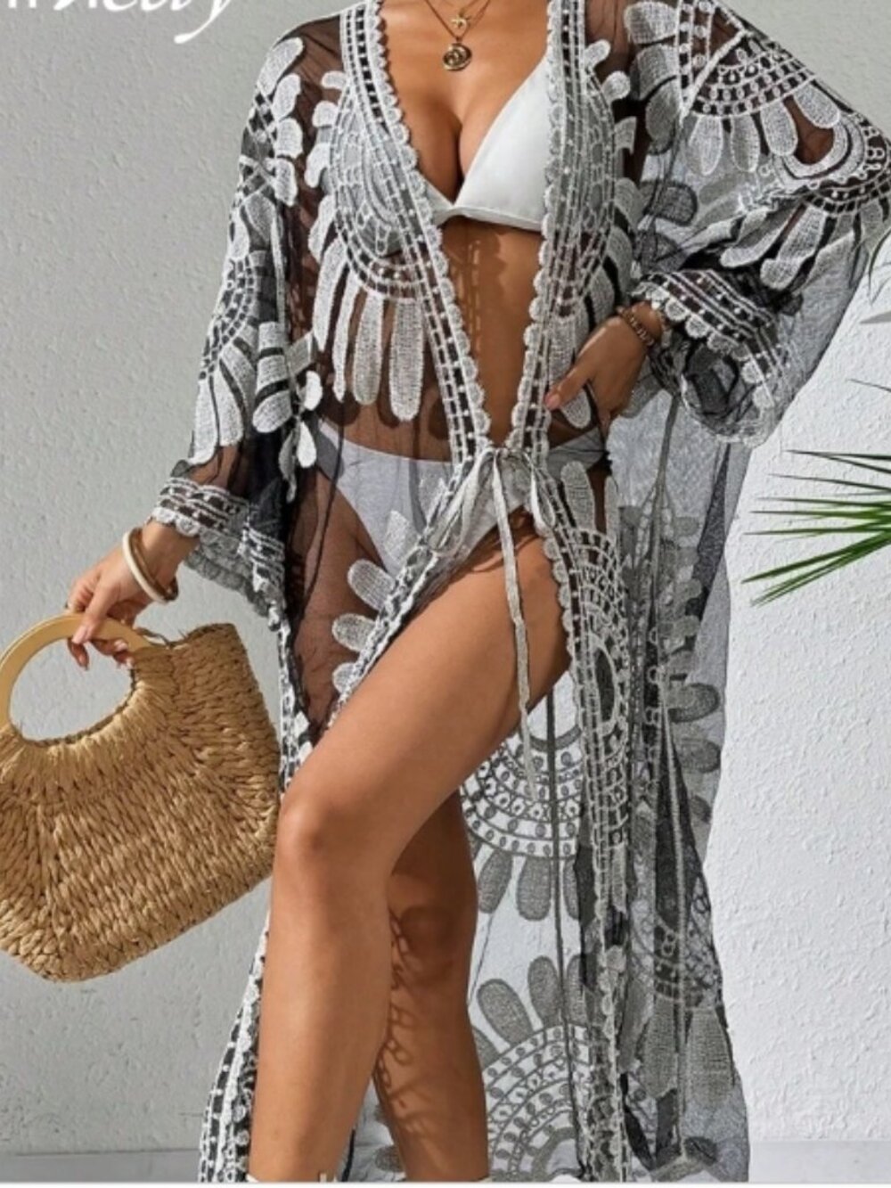 Boho Lace Crochet Kimono Duster Black White Beach Cover Up Size one size NEW